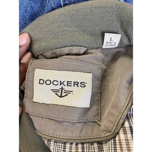 Dockers Mens Windbreaker Jacket Green Twill Pockets Collar L - Picture 7 of 8